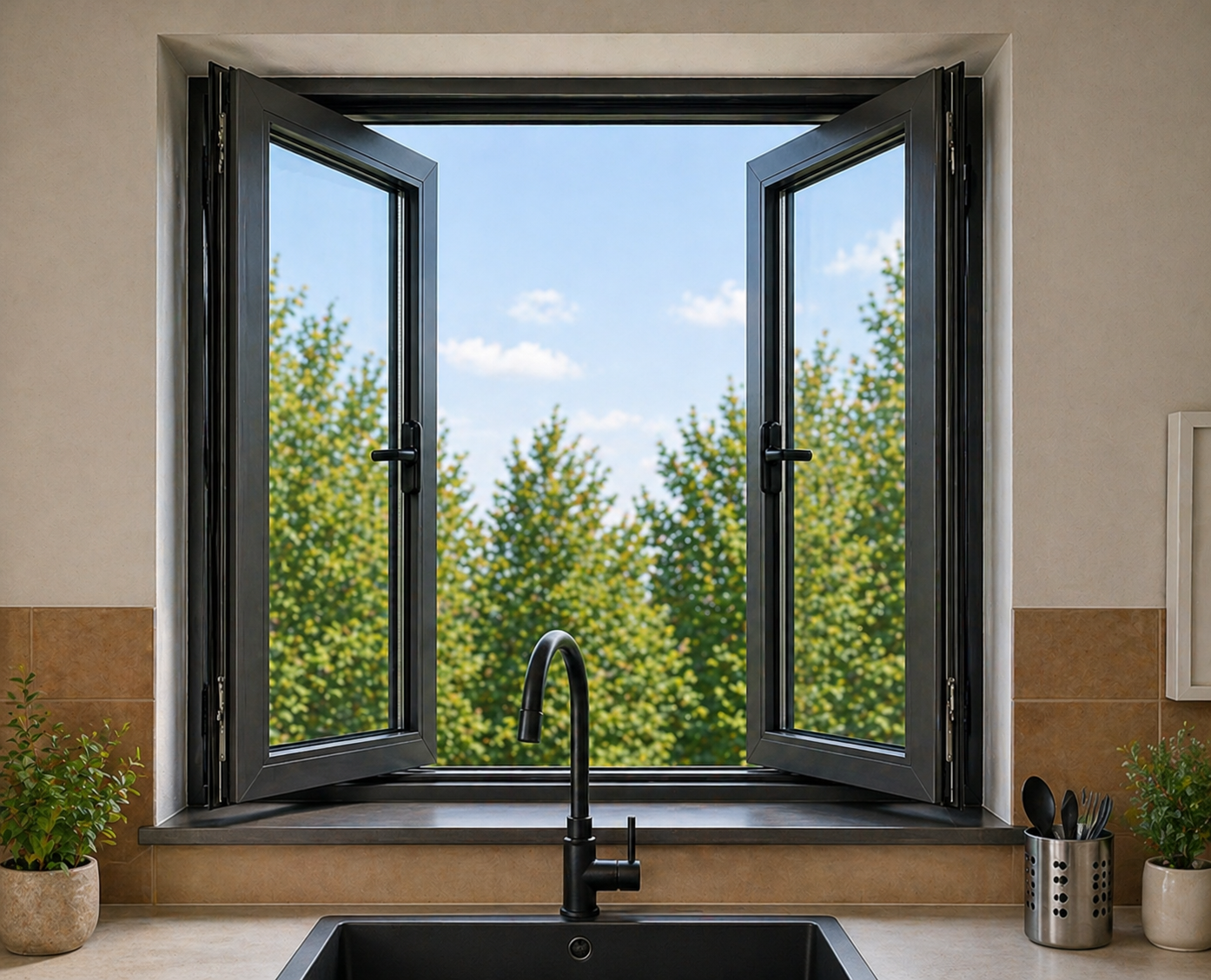 Premium aluminium casement windows with multi-point espagnolette locks, ideal for modern homes and commercial buildings in Coimbatore, Tamil Nadu